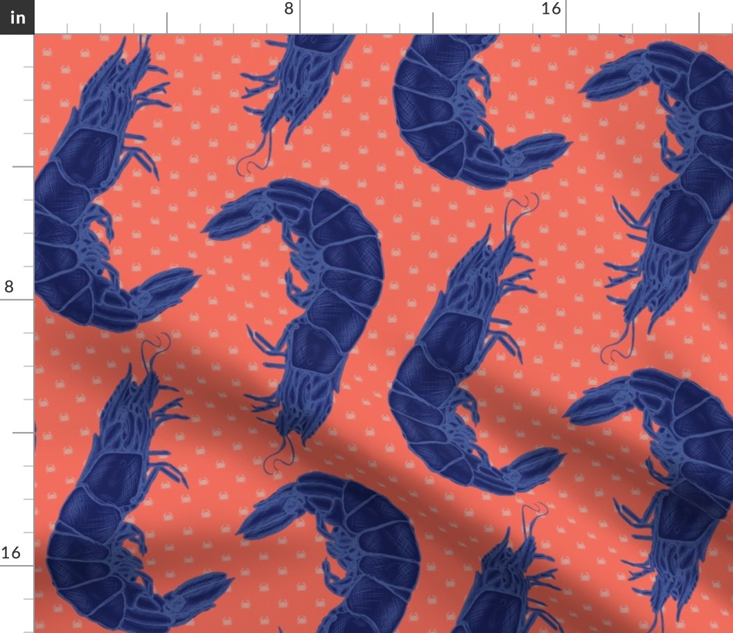 Crustaceans Galore -  Navy Blue on Coral Orange