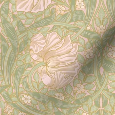 Pimpernel - MEDIUM 14"  - historic reconstructed damask wallpaper by William Morris - antiqued restored reconstruction in blush peach and light spring green - art nouveau art deco - metal glamour effect