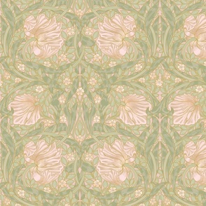 Pimpernel - MEDIUM 14"  - historic reconstructed damask wallpaper by William Morris - antiqued restored reconstruction in blush peach and light spring green - art nouveau art deco - metal glamour effect