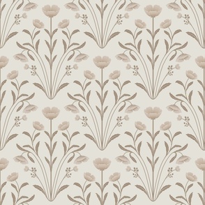 Vintage Inspired Five Petals Flowers Elongated Leaves Damask beige ( medium scale ).