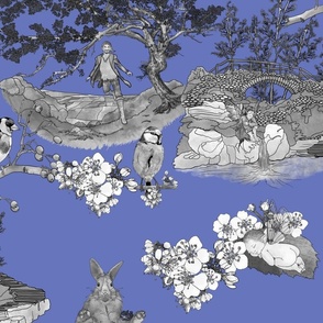 In the Company of Faeries - Black & White Toile on Dark Periwinkle