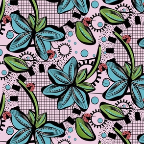 (M-L) Whimsical Botanical Blue and Green on Pink