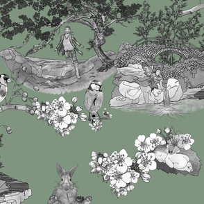 In the Company of Faeries - Black & White Toile on Dusty Sage
