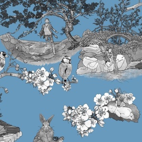 In the Company of Faeries - Black & White Toile on Dusty Blue