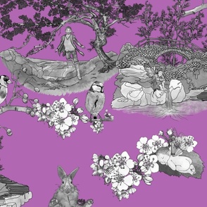 In the Company of Faeries - Black & White Toile on Lavender