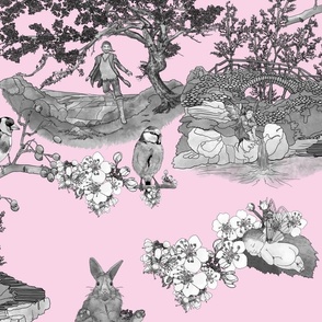 In the Company of Faeries - Black & White Toile on Pink