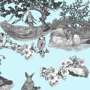 In the Company of Faeries - Black & White Toile on Light Blue