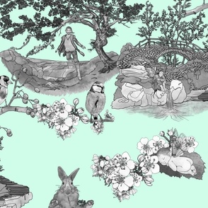 In the Company of Faeries - Black & White Toile on Mint