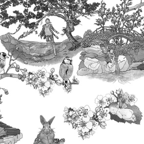 In the Company of Faeries - Black & White Toile on White