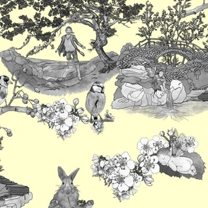 In the Company of Faeries - Black & White Toile on Light Yellow