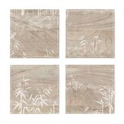 Bamboo Block Print on Mango Wood (xl scale) | Nature decor, bamboo plants with block printed waves pattern in white on a warm, natural wood texture, calm, rustic neutrals for wellness spa, yoga and meditation.