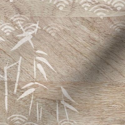 Bamboo Block Print on Mango Wood (xl scale) | Nature decor, bamboo plants with block printed waves pattern in white on a warm, natural wood texture, calm, rustic neutrals for wellness spa, yoga and meditation.