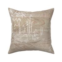 Bamboo Block Print on Mango Wood (xl scale) | Nature decor, bamboo plants with block printed waves pattern in white on a warm, natural wood texture, calm, rustic neutrals for wellness spa, yoga and meditation.