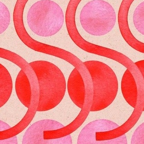 Larger Scale // Pink and Red Hand-painted Geometric Dots and Curving Lines