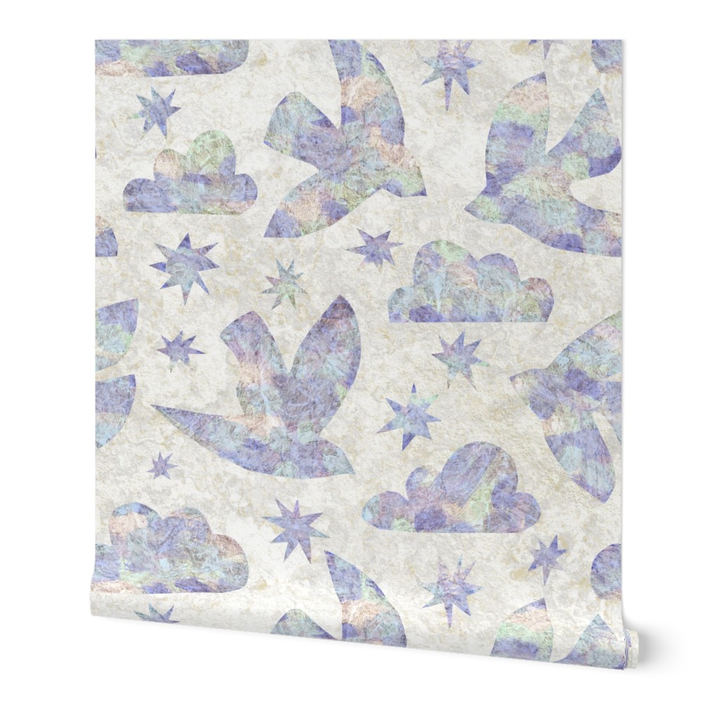 Textured Birds in Flight - Large Scale - Lilac Pastel Stars Clouds