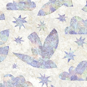 Textured Birds in Flight - Large Scale - Lilac Pastel Stars Clouds