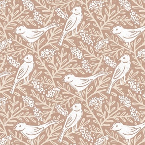 Country Vintage Birds Tapestry (M) : Rustic Design with Rowan Berries and Delicate Leaves, beige