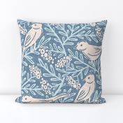 Country Vintage Birds Tapestry (L) : Rustic Design with Rowan Berries and Delicate Leaves, blue