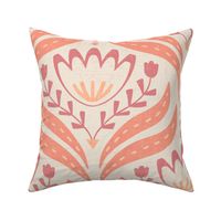 (L) Textured Tonal Scandi Florals with a vintage vibe in warm colors, red, peach, apricot, earthy.