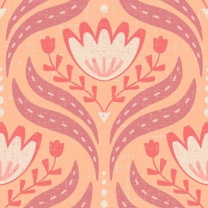 (L) Textured Tonal Scandi Florals with a vintage vibe in warm colors in red, peach, earthy.