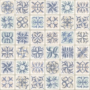 large scale abstract rustic retro tiles / col2 blue and cream