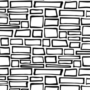 Black Brick Wall on White Monochrome Freehand Geometric Outlines Simple Block Grid of Rectangles and Squares