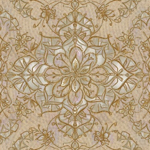 Fancy Floral Mandala -Tone and Texture Wallpaper - Cream and Gold