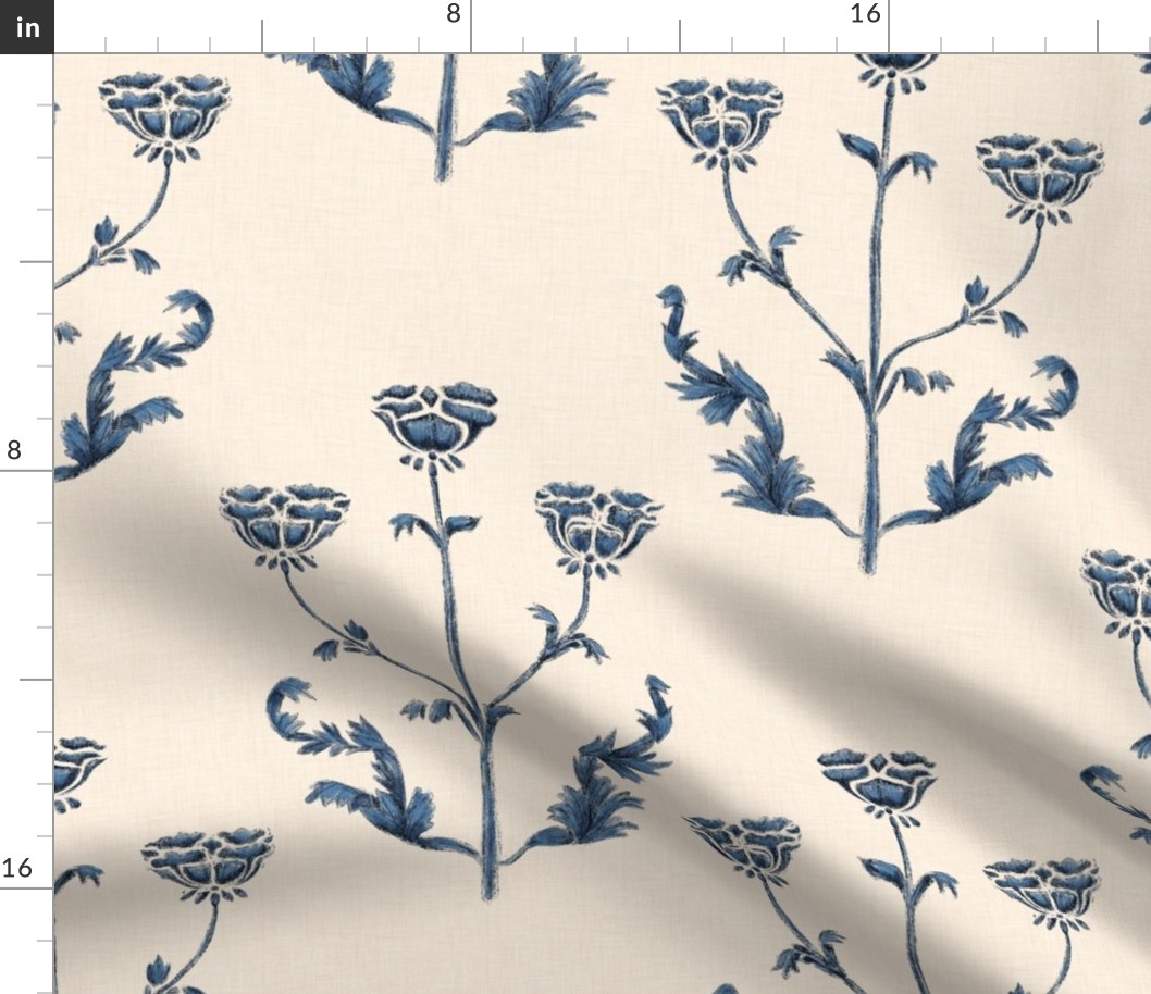 French Country floral linen Block Print Blue_Large