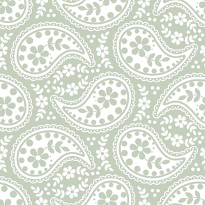 Paisley Dusky Green and White
