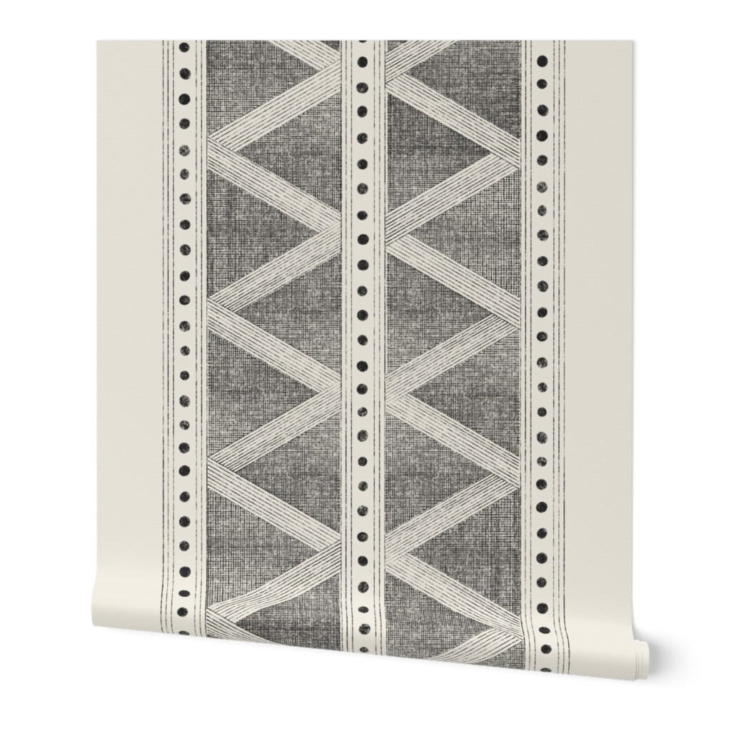 Tribal Geometric Weave - creamy white_ raisin black 02 - black and white texture border stripes