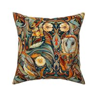 botanical barn owl in teal and orange gold