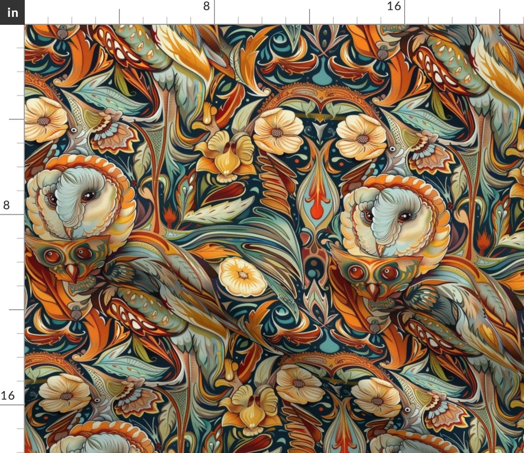 botanical barn owl in teal and orange gold