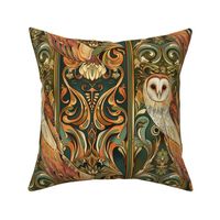 art nouveau barn owl in copper gold and green botanical