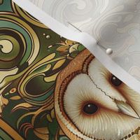 art nouveau barn owl in copper gold and green botanical