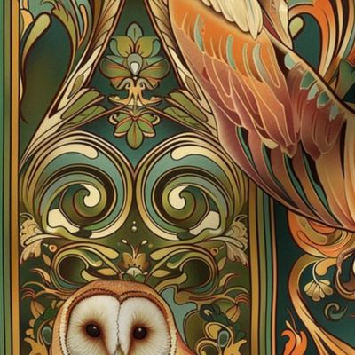 art nouveau barn owl in copper gold and green botanical