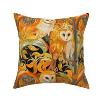 art nouveau barn owl in orange gold and harvest botanical