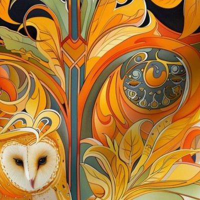 art nouveau barn owl in orange gold and harvest botanical