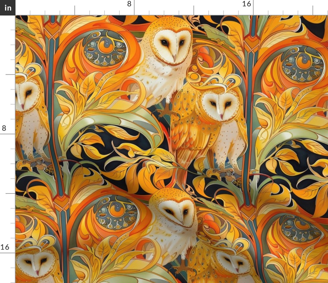 art nouveau barn owl in orange gold and harvest botanical