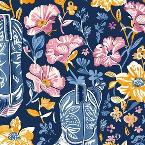 Cowgirl Boots n Flowers in Blue | Large Scale Repeat