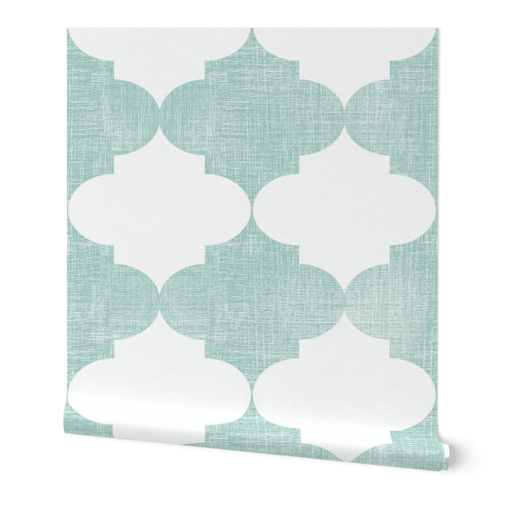 Big Teal Green Vintage Quatrefoil  Distressed Weave, Time-Worn Texture with an Artisan Touch
