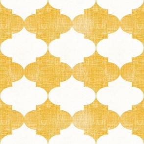 Big Golden Yellow Vintage Quatrefoil  Distressed Weave, Time-Worn Texture with an Artisan Touch