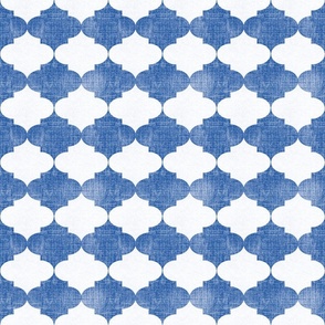 Small Indigo Blue Vintage Quatrefoil  Distressed Weave, Time-Worn Texture with an Artisan Touch