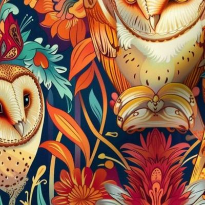 orange gold and teal green art nouveau barn owl autumn botanical