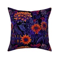 gothic purple haunted house with orange sunflowers and dahlias