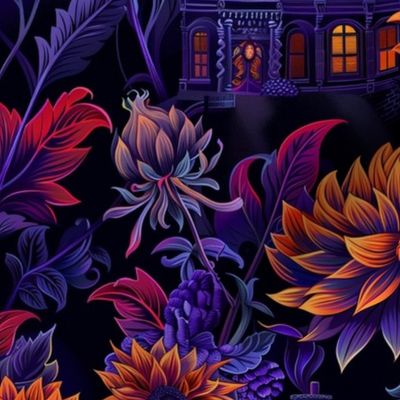 gothic purple haunted house with orange sunflowers and dahlias