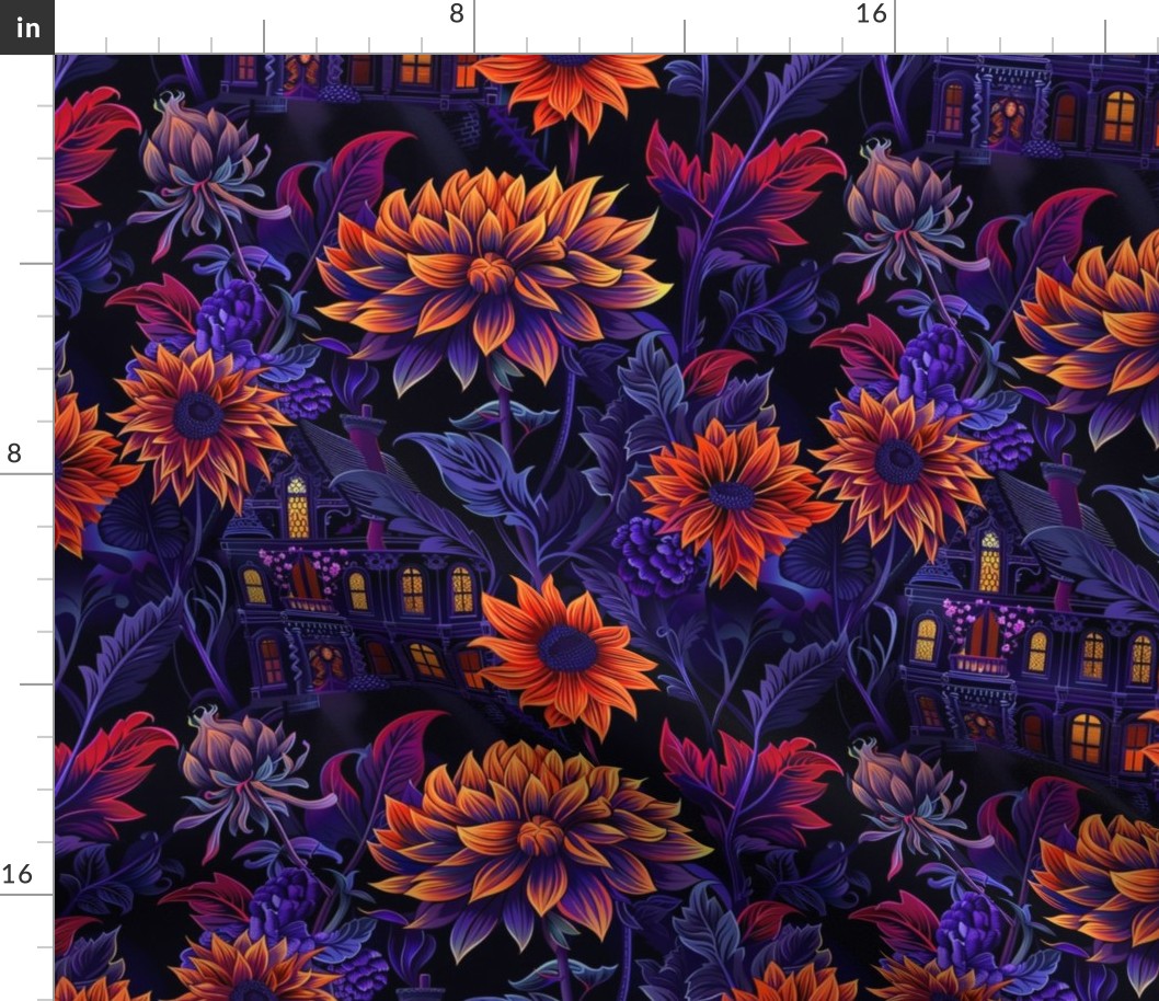 gothic purple haunted house with orange sunflowers and dahlias