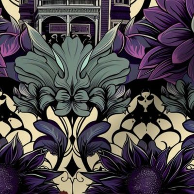 gothic purple dahlias and the haunted house