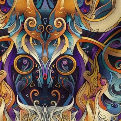 psychedelic art nouveau cat of purple gold and blue