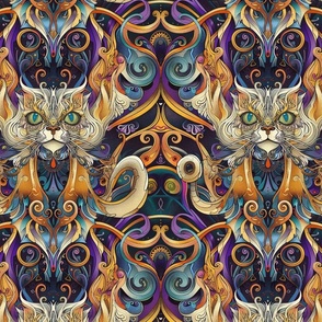 psychedelic art nouveau cat of purple gold and blue