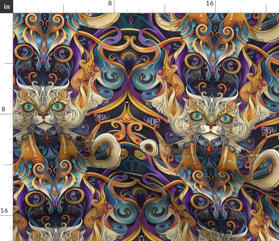 psychedelic art nouveau cat of purple gold and blue